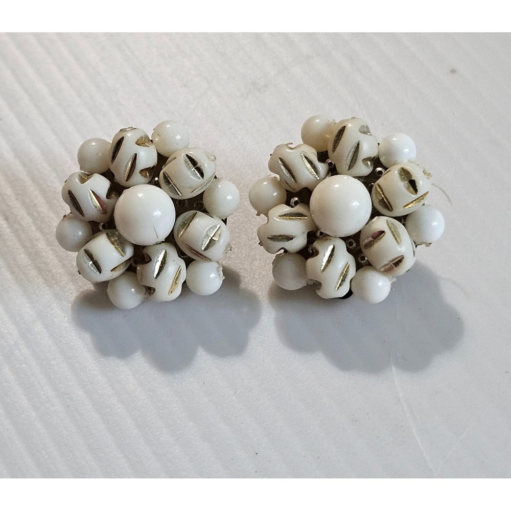 Vintage Western Germany Clip On Earrings White Bead Cluster Mid Century Jewelry